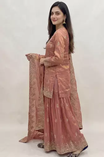 Womens New Traditional Peach Heavy Work Ethnic Ensemble Lehenga Set