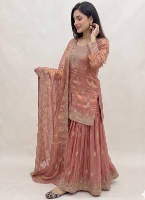 Womens Traditional Peach Heavy Work Ethnic Ensemble Lehenga Set 4