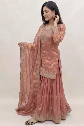 Womens New Traditional Peach Heavy Work Ethnic Ensemble Lehenga Set