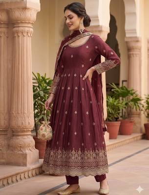 Womens regal maroon embroidered anarkali gown set 3