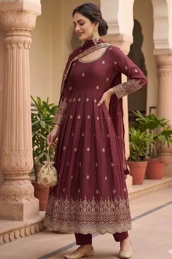 Womens new regal maroon embroidered anarkali gown set