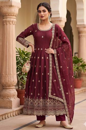 Womens new regal maroon embroidered anarkali gown set