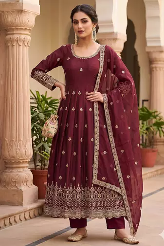 Womens new regal maroon embroidered anarkali gown set