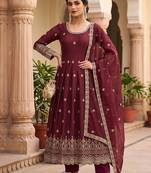 Womens new regal maroon embroidered anarkali gown set