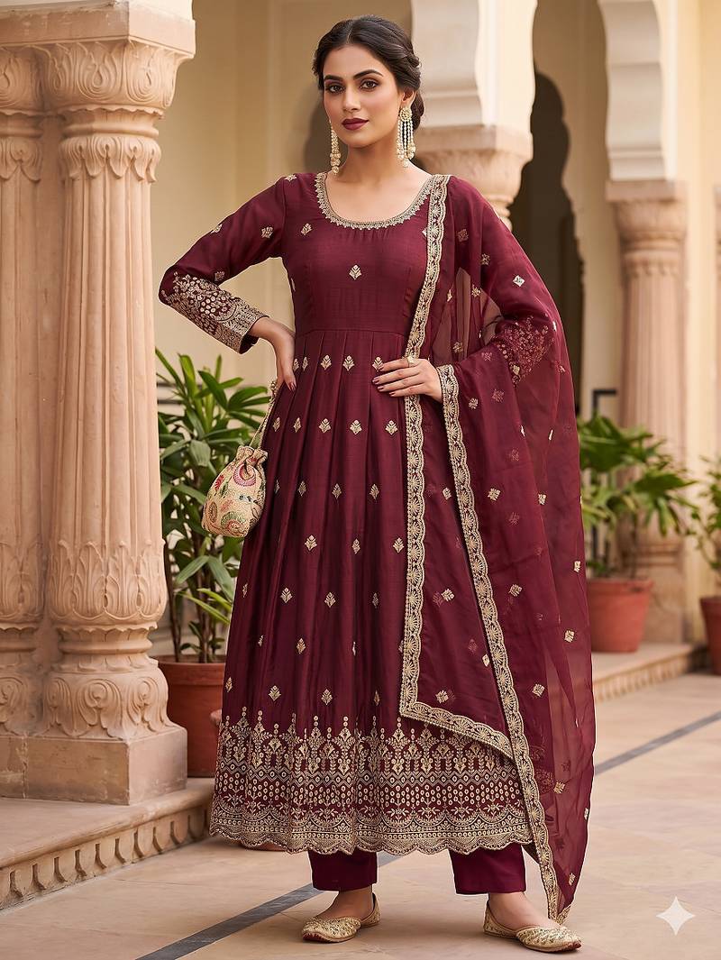 Womens new regal maroon embroidered anarkali gown set