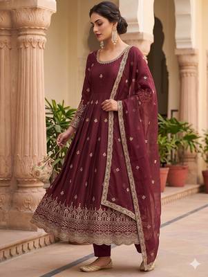 Womens regal maroon embroidered anarkali gown set 4