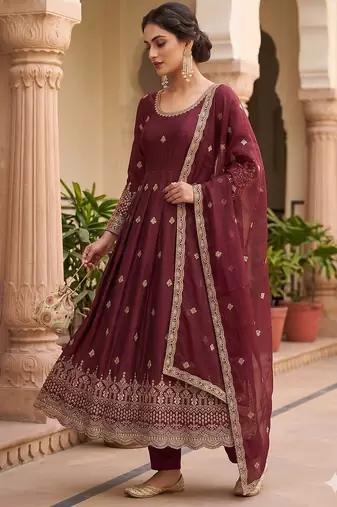 Womens new regal maroon embroidered anarkali gown set