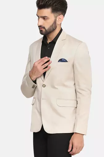 Mens beige notched lapel suit with hanky