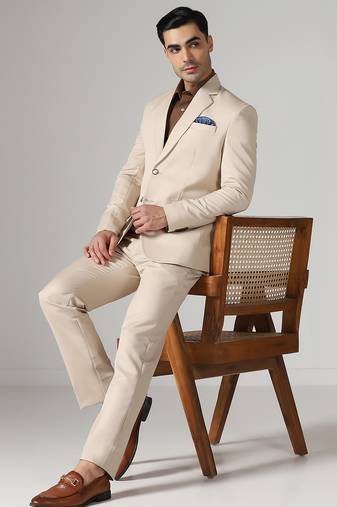 Beige notched lapel mens suit