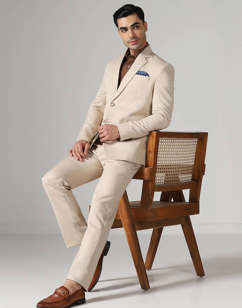 Beige notched lapel mens suit