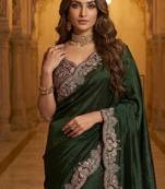 Mehndi Green Color Embroidery theard And Zari Work Satin Saree