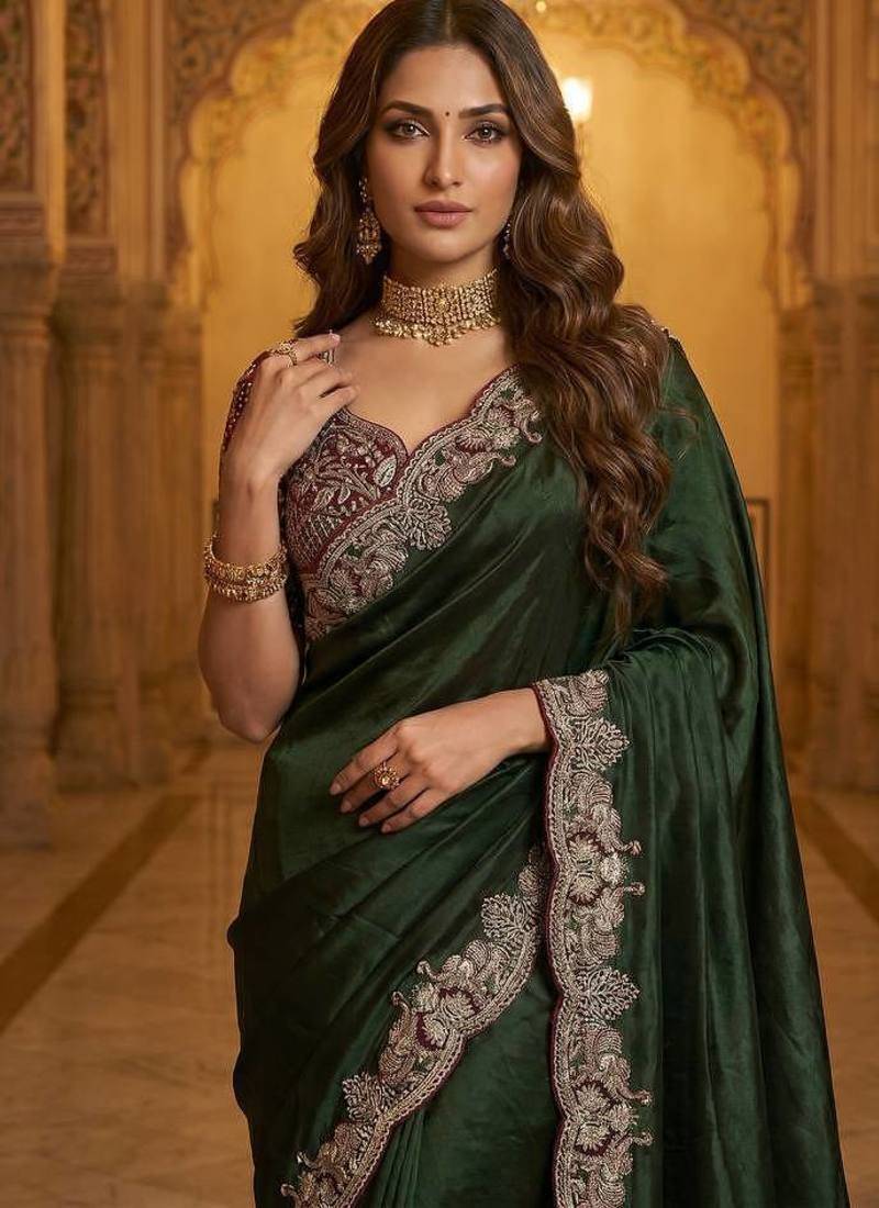 Mehndi Green Color Embroidery theard And Zari Work Satin Saree