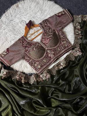 Mehndi Green Color Embroidery theard And Zari Work Satin Saree 3