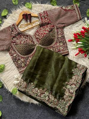 Mehndi Green Color Embroidery theard And Zari Work Satin Saree 5