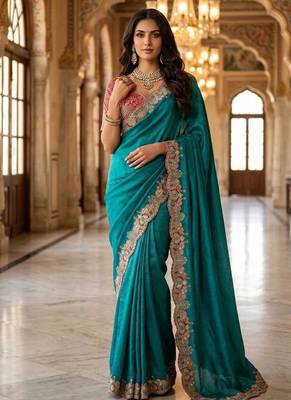 Teal Color Embroidery theard And Zari Work Satin Saree 1
