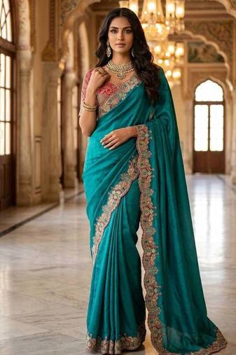 Teal Color Embroidery theard And Zari Work Satin Saree