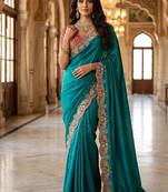 Teal Color Embroidery theard And Zari Work Satin Saree