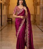 Wine Color Embroidery theard And Zari Work Satin Saree