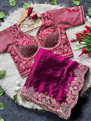 Wine Color Embroidery theard And Zari Work Satin Saree 4