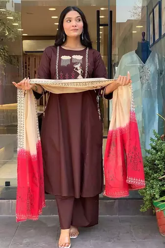 WOMEN COTTON EMBRODERY KURTA WITH PANT AND DUPATTA 