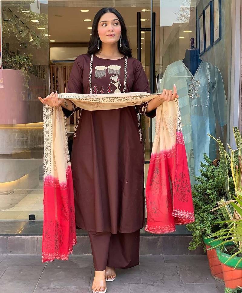 WOMEN COTTON EMBRODERY KURTA WITH PANT AND DUPATTA 