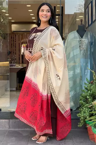 WOMEN COTTON EMBRODERY KURTA WITH PANT AND DUPATTA 