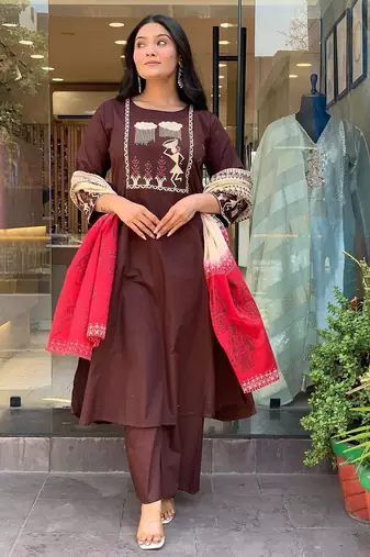 WOMEN COTTON EMBRODERY KURTA WITH PANT AND DUPATTA 