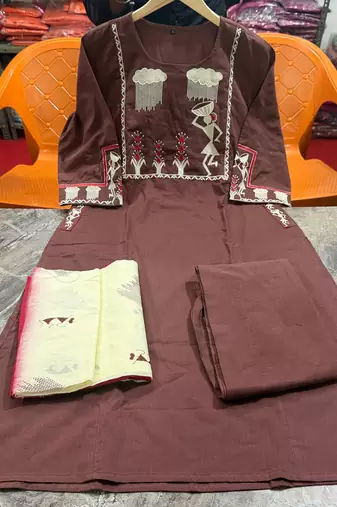 WOMEN COTTON EMBRODERY KURTA WITH PANT AND DUPATTA 