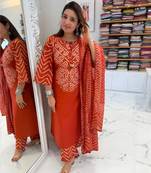 Women's Cotton Bandhani Print Kurta Pant Dupatta Set