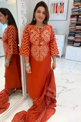 Women's Cotton Bandhani Print Kurta Pant Dupatta Set