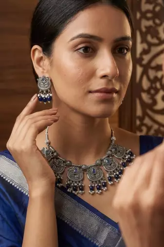 Oxidised silver-plated blue stone statement necklace set with matching earrings for women & girls
