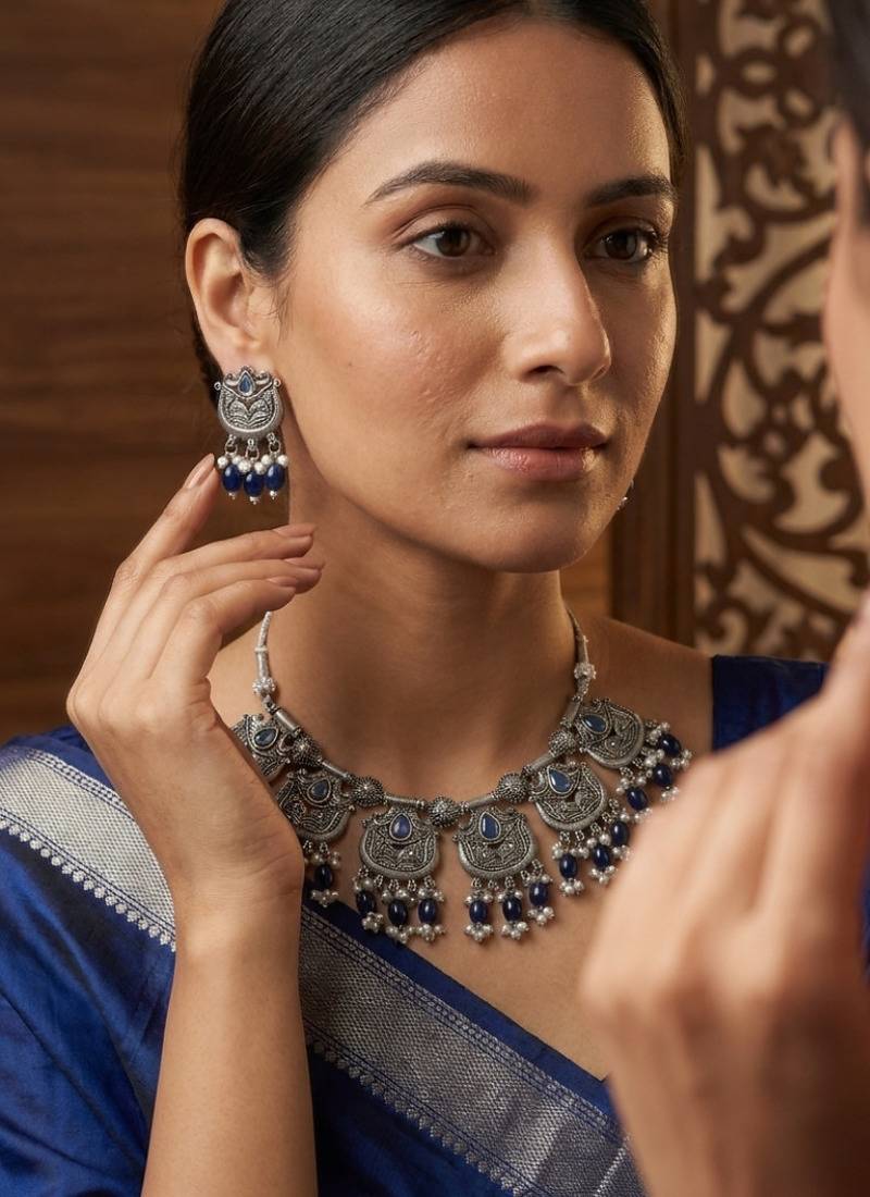 Oxidised silver-plated blue stone statement necklace set with matching earrings for women & girls