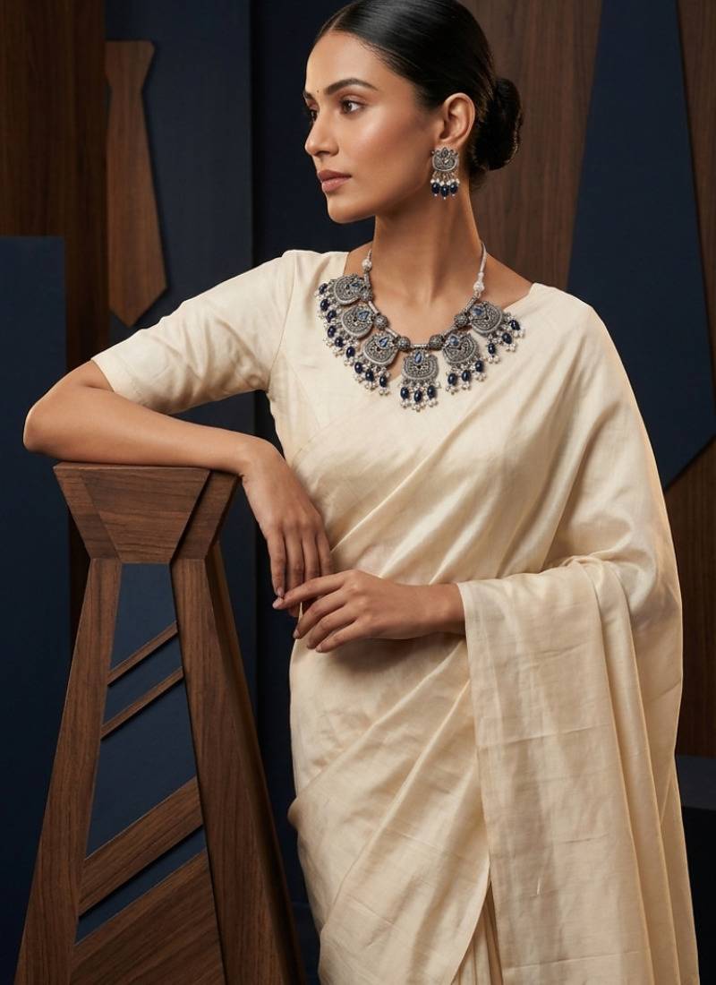 Oxidised silver-plated blue stone statement necklace set with matching earrings for women & girls