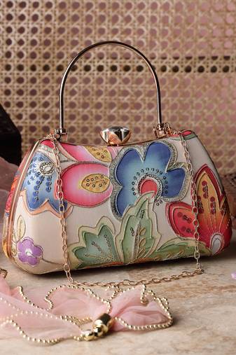   woven reverie beige multi abstract floral embroidered clutch