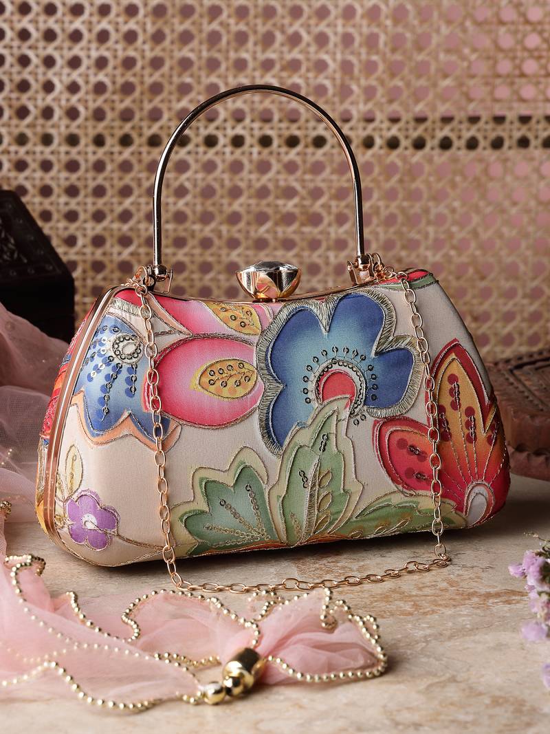   woven reverie beige multi abstract floral embroidered clutch