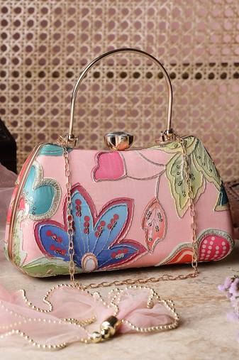   woven reverie coral multi abstract floral embroidered clutch