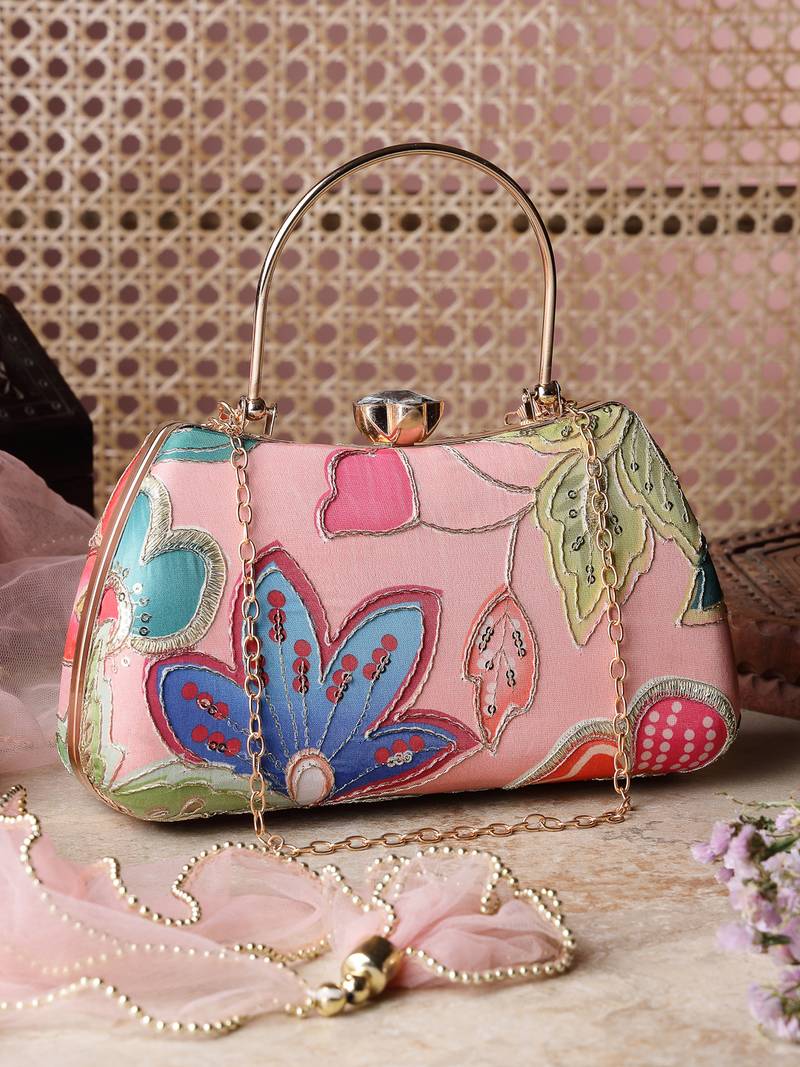   woven reverie coral multi abstract floral embroidered clutch