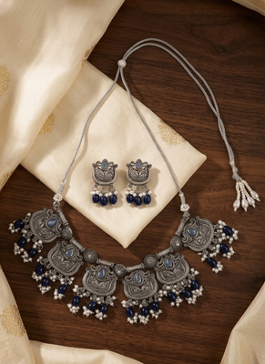 Oxidised silver-plated blue stone statement necklace set with matching earrings for women & girls 1