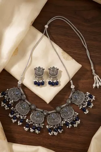 Oxidised silver-plated blue stone statement necklace set with matching earrings for women & girls