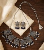 Oxidised silver-plated blue stone statement necklace set with matching earrings for women & girls