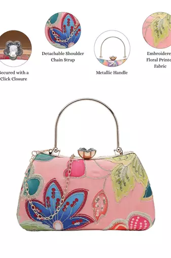   woven reverie coral multi abstract floral embroidered clutch