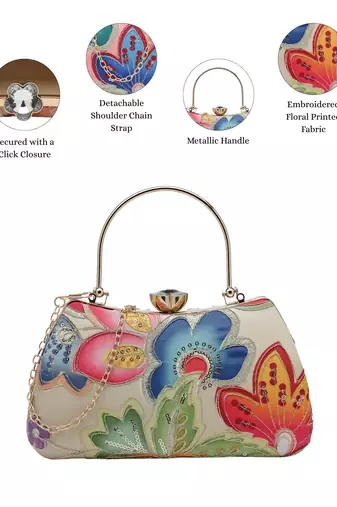   woven reverie beige multi abstract floral embroidered clutch