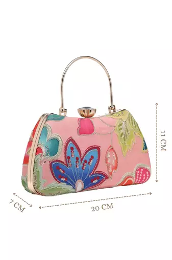   woven reverie coral multi abstract floral embroidered clutch