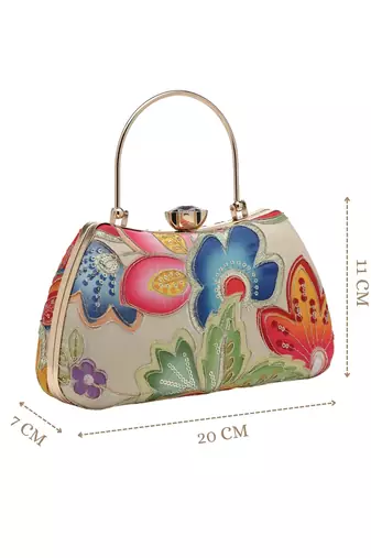  woven reverie beige multi abstract floral embroidered clutch