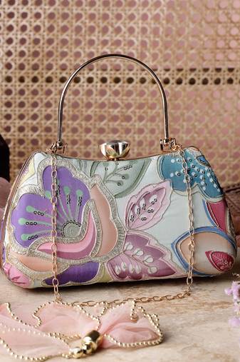   woven reverie mint green multi abstract floral embroidered clutch
