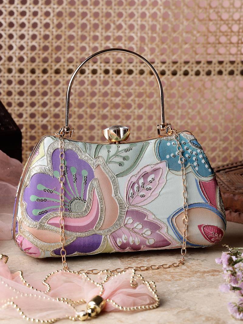   woven reverie mint green multi abstract floral embroidered clutch