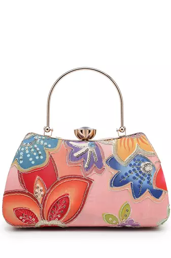   woven reverie coral multi abstract floral embroidered clutch