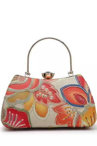   woven reverie beige multi abstract floral embroidered clutch