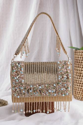   blush & bead antique gold & pastel multi suede embellished clutch