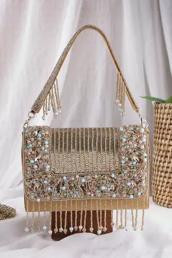   blush & bead antique gold & pastel multi suede embellished clutch